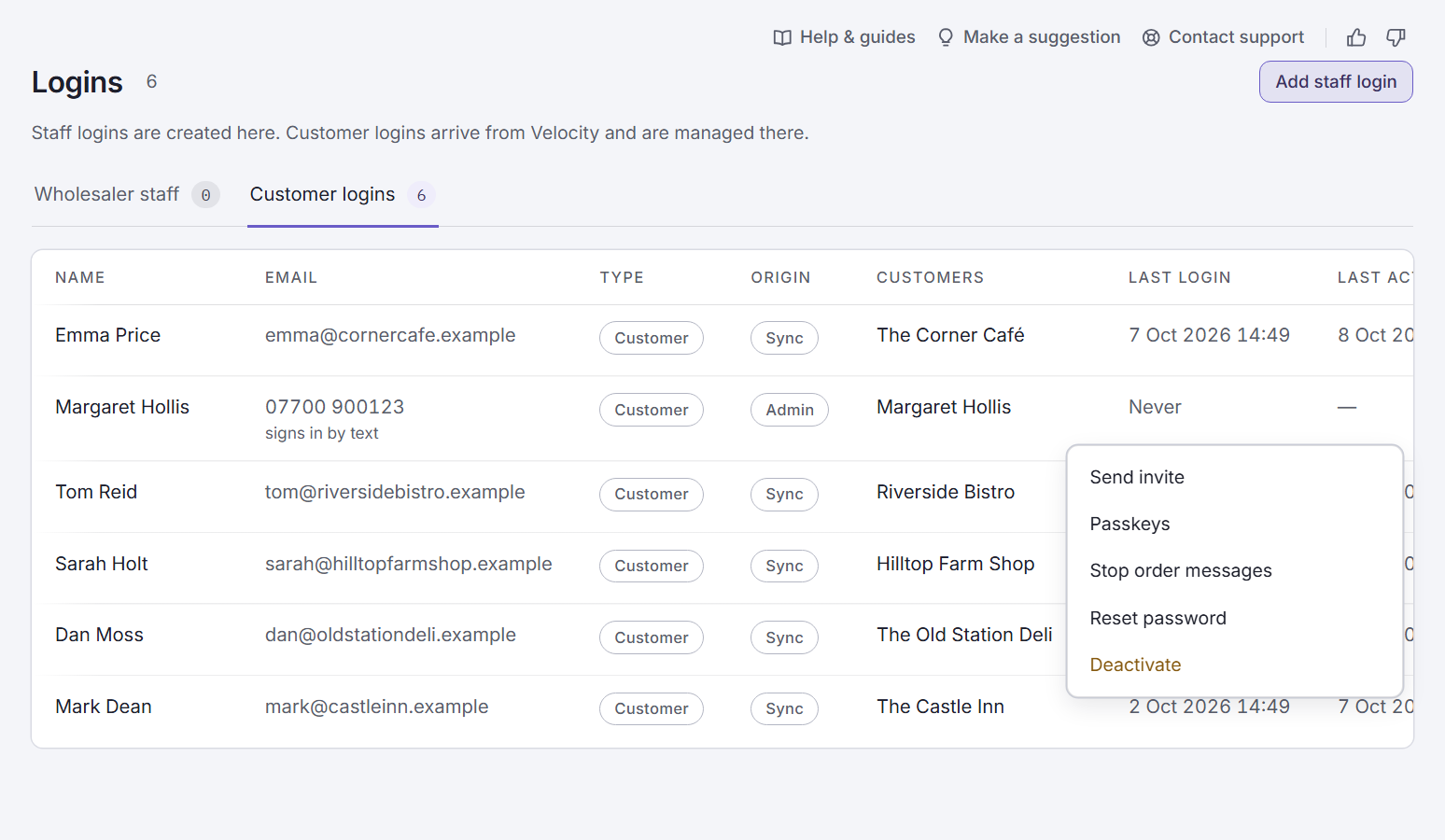 The Logins page in the admin centre on its Customers tab, with one login's menu open showing Stop order messages.
