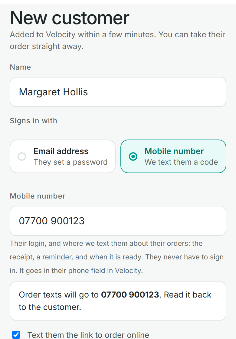 The New customer form on the ordering site, with a name, Mobile number chosen under Signs in with, a mobile number typed, and a note reading the number back.