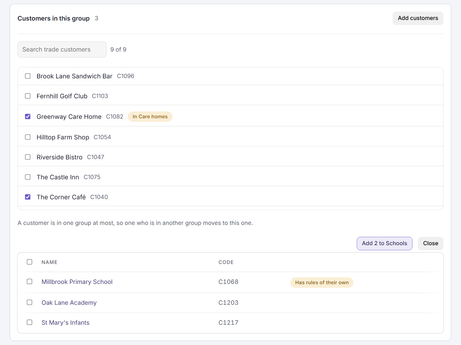 The Schools group's page with Add customers open. Two customers are ticked, one of them marked In Care homes, and the button reads Add 2 to Schools. Below is the list of customers already in the group.