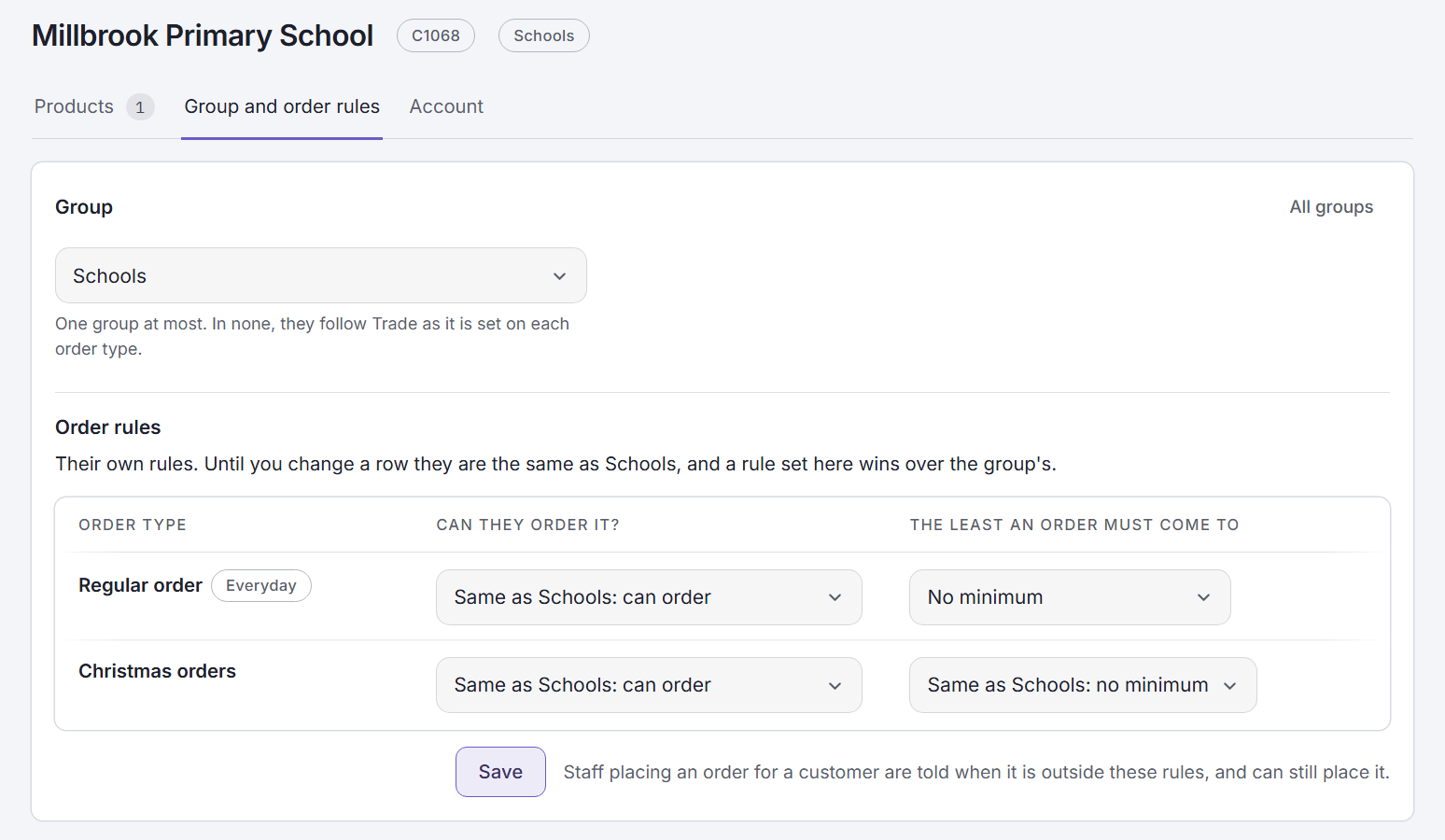 A customer's own page in the admin centre, at Group and order rules. Their group is Schools, and their own rule for Regular order is No minimum.