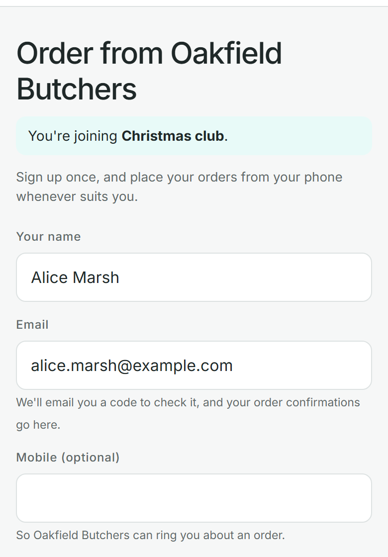 The sign-up page on the ordering site, reached from the group's link. Under the shop's name it says You're joining Christmas club, above the usual name, email and password boxes.