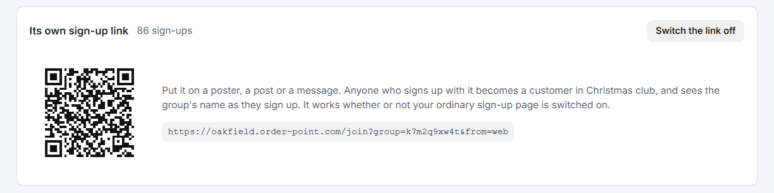 The Christmas club group's page, at Its own sign-up link. It shows a QR code, the link's address, 86 sign-ups, and a button to switch the link off.