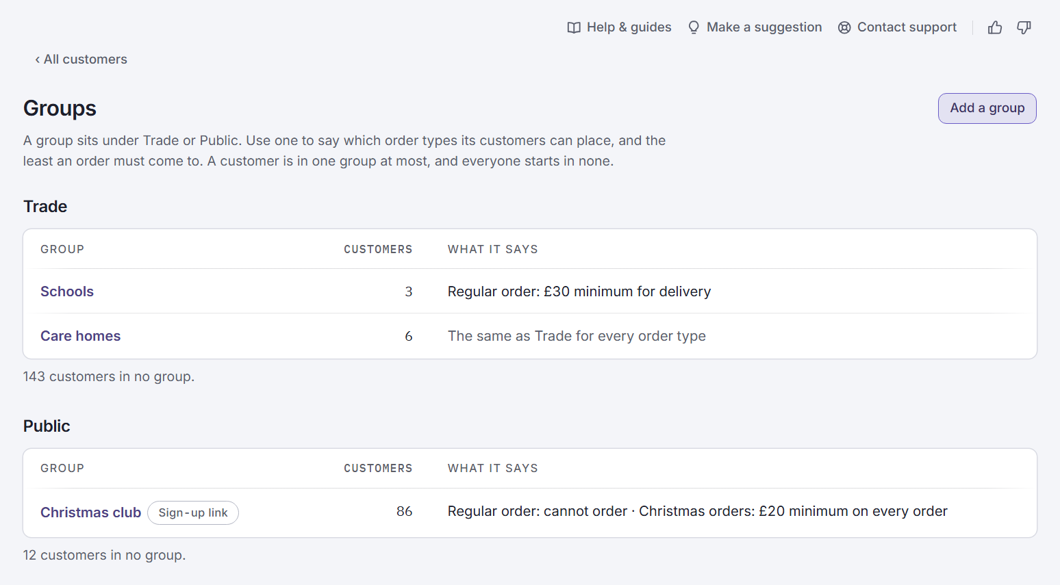 The Groups page in the admin centre. Under Trade are Schools, with 3 customers and a £30 minimum for delivery, and Care homes, the same as Trade. Under Public is Christmas club, with 86 customers and a sign-up link.