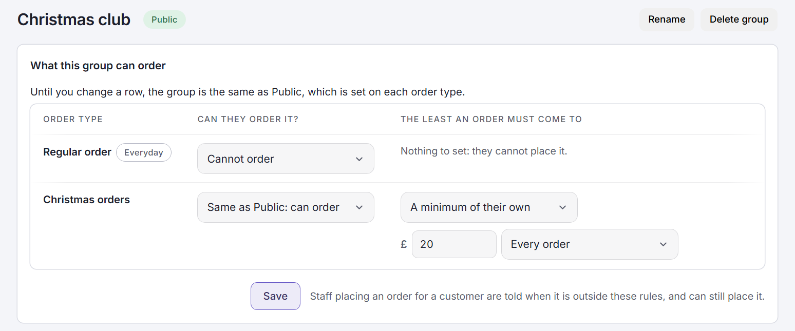 The Christmas club group's page. Regular order is set to Cannot order. Christmas orders is set to Same as Public: can order, with a minimum of their own of £20 on every order.