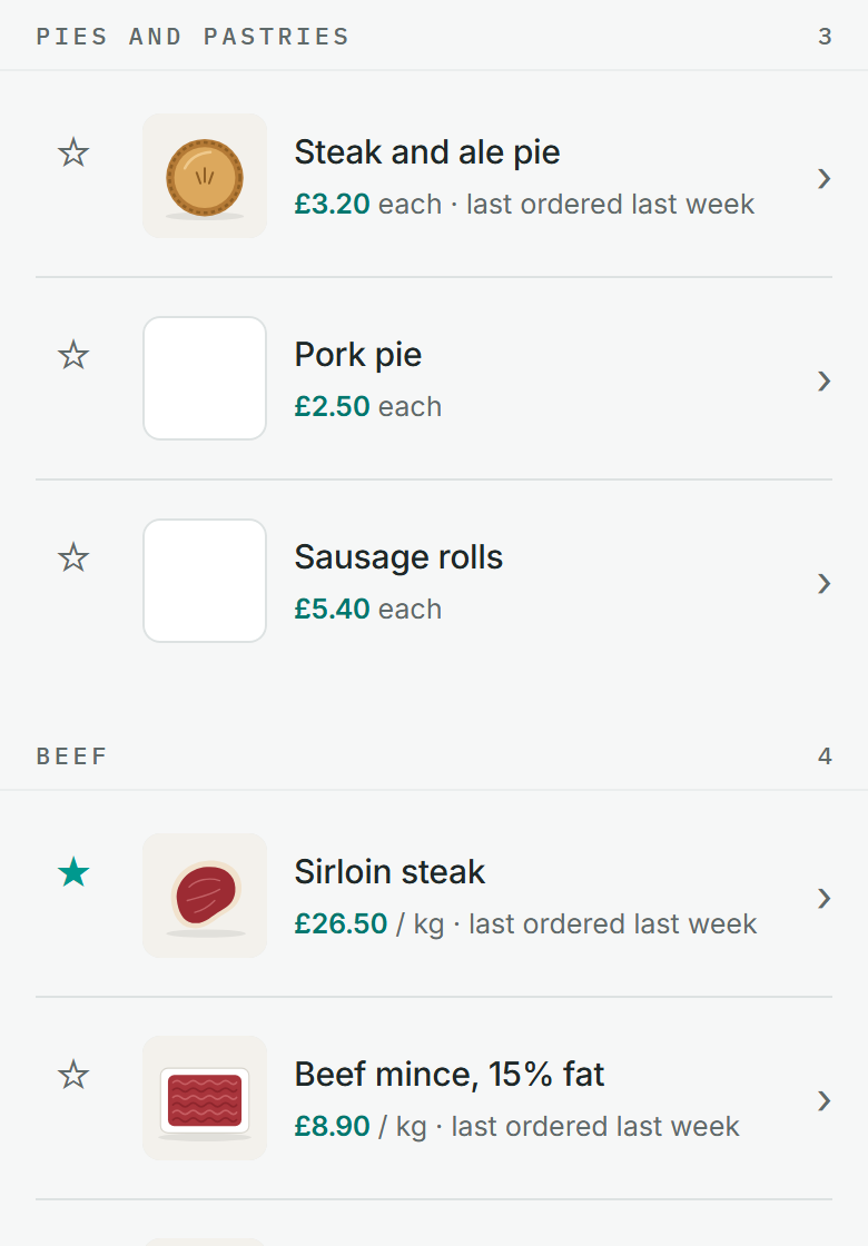The product list in the ordering app, with the category the shop moved to the top shown first.