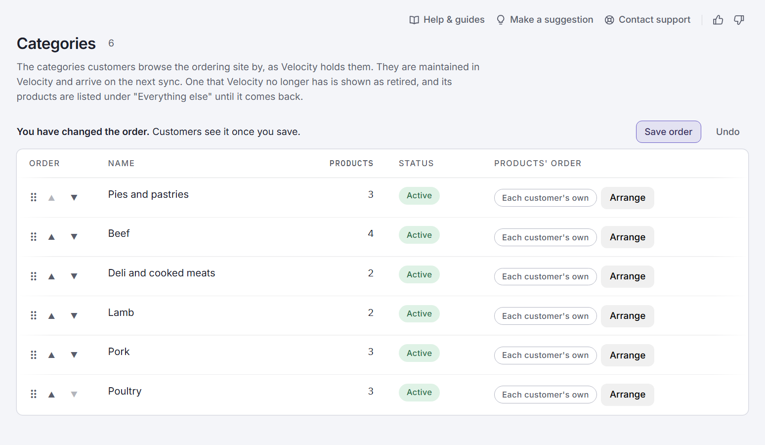 The Categories page in the admin centre. Each category is a row with a handle to drag and two arrows, and a bar above the rows says the order has been changed, with Save order and Undo.