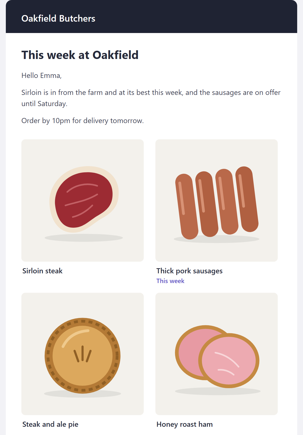 An offers email from the shop, with product photos two to a row under the message.