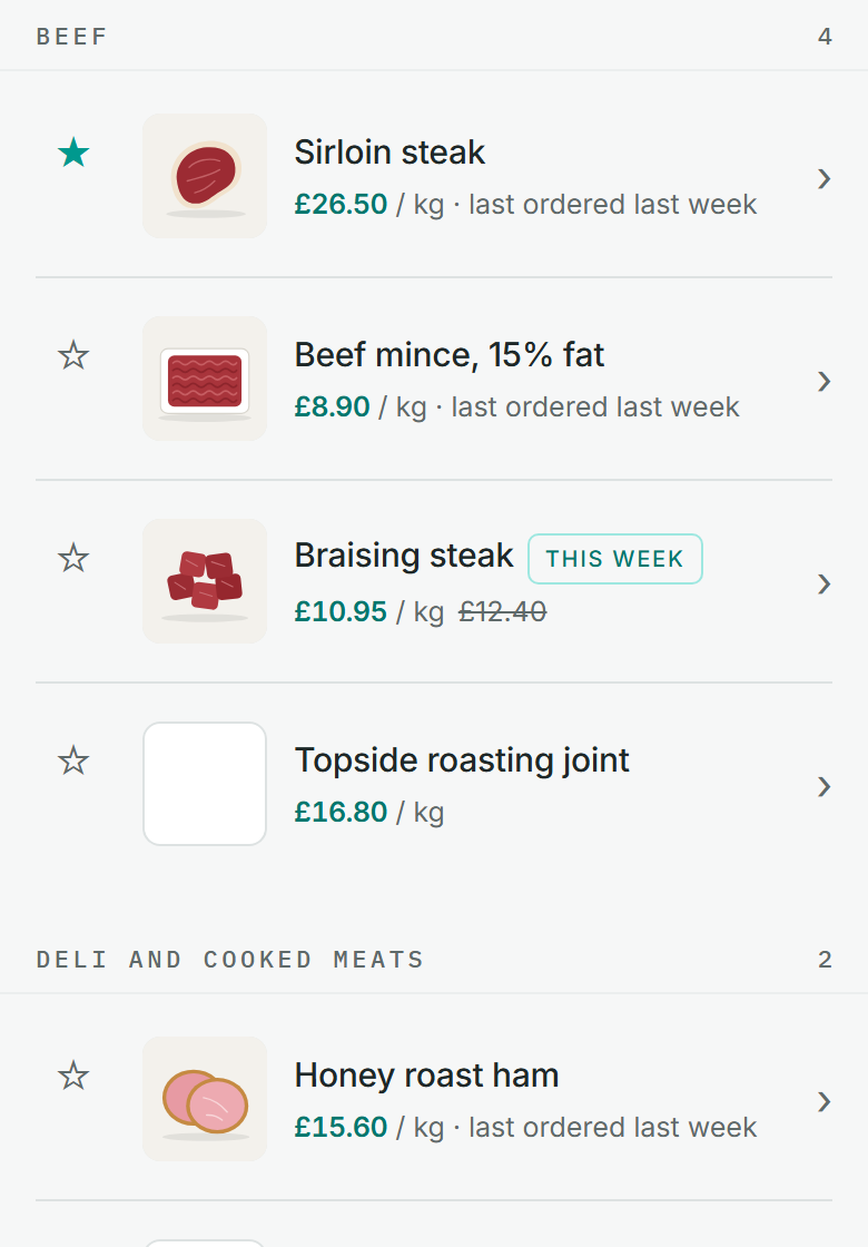 The product list in the ordering app. Three products have a small photo beside their names, and the fourth has an empty square.
