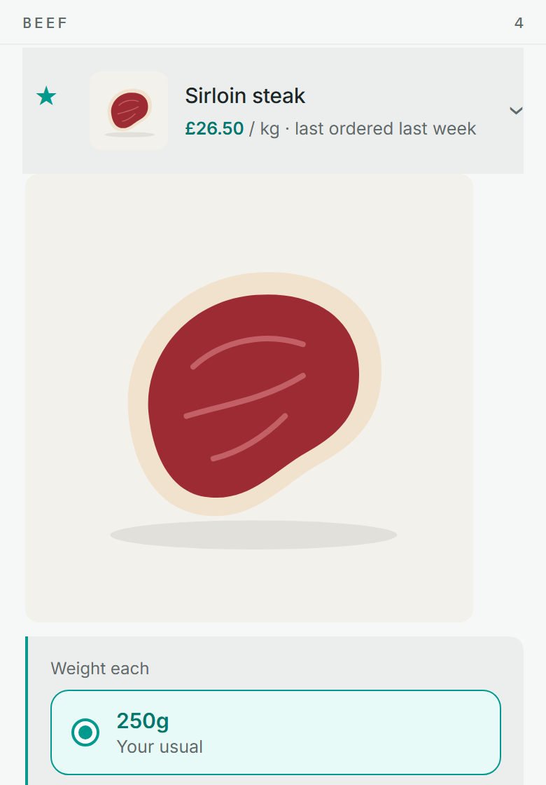 A product opened in the ordering app, with its photo shown large above the weight choices.