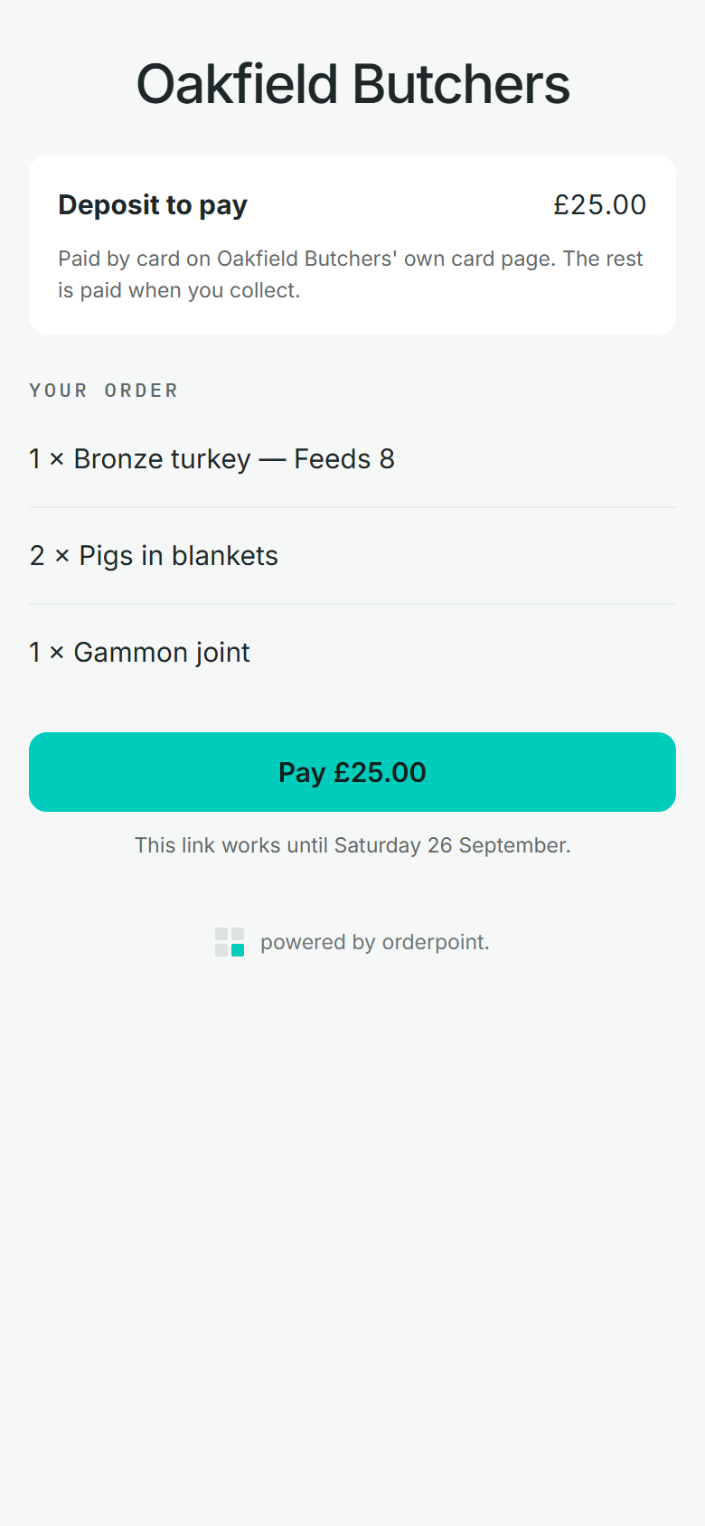 The page a customer opens from an emailed payment link: the shop's name, a £25 deposit, what it is for, and a Pay button